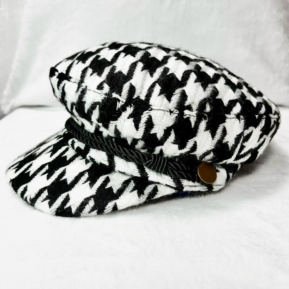 Newsboy Cap Houndstooth Double Twist Rope Hat Black White Women’s New - Picture 3 of 9